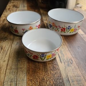 Vintage Enamel 3 Piece Rainbow Floral Nesting Bowl Set